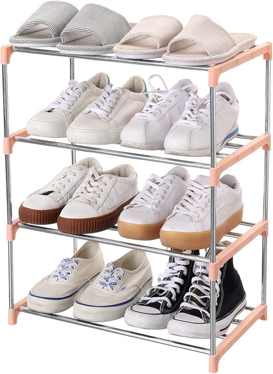 Jucaifu Stackable Small Shoe Rack, Entryway, Hallway and Closet Space Saving Storage and Organization (4-Tier, Pink)