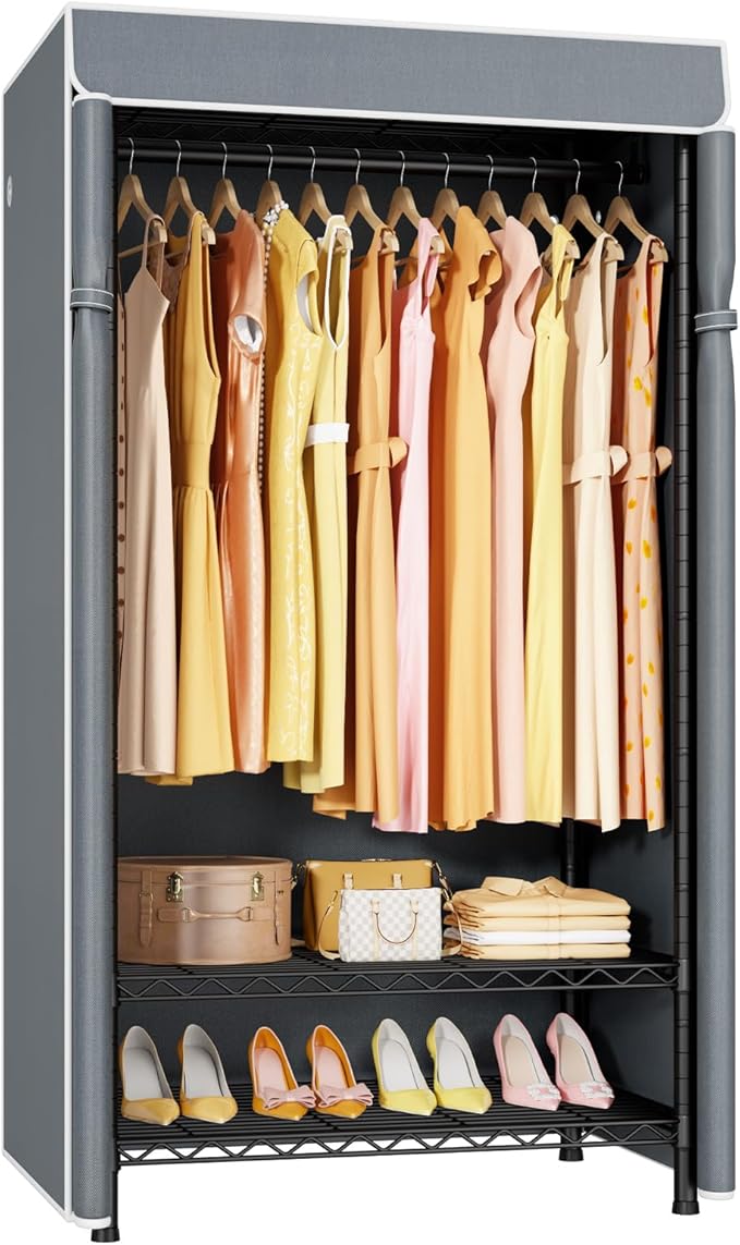 ULIFHOME H5C Clothes Rack with Cover, Portable Closet for Hanging Clothes, Covered Clothing Racks Heavy Duty, Freestanding Garment Racks with Shelves, Max Load 360LBS Black Closet Rack with Gray Cover