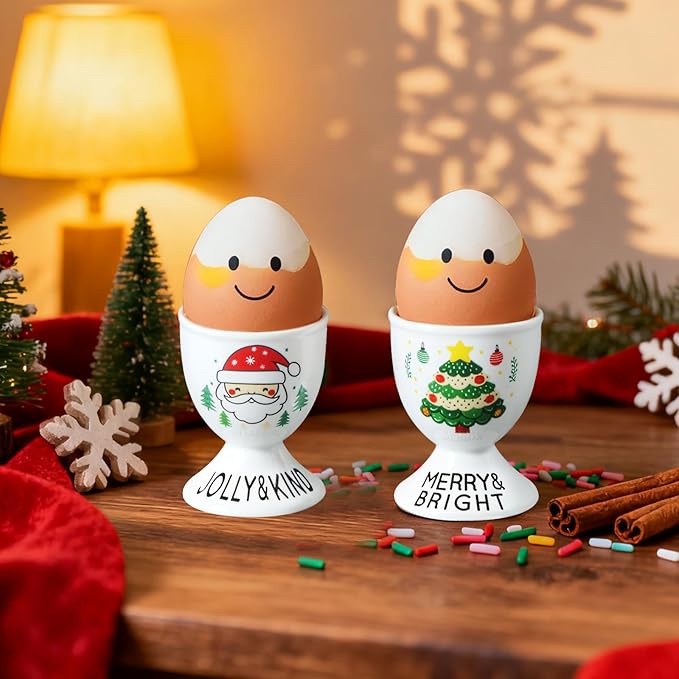 Cinf Ceramic Egg Cup Set of 2 Porcelain Holder Breakfast Boiled Cooking Easy to Clean Childhood Memories Kitchen(Christmas)