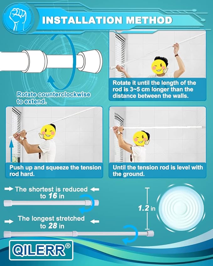 Short Tension Rod 16 to 28 Inche Small Shower Curtain Rods No Drilling Adjustable Heavy Duty Extension Loaded Spring Tension Rod for Windows, Closets, Curtains, 7/8" Diameter, White