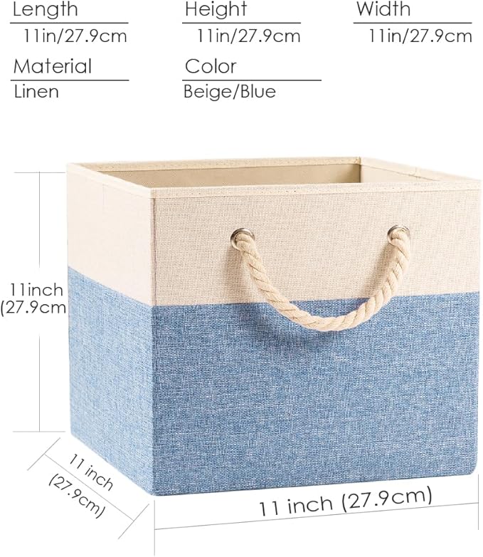 PRANDOM Large Foldable Cube Storage Bins 11x11 inch [2-Pack] Fabric Linen Storage Baskets Cubes Drawer with Cotton Handles Organizer for Shelves Nursery Closet Bedroom Beige/Blue
