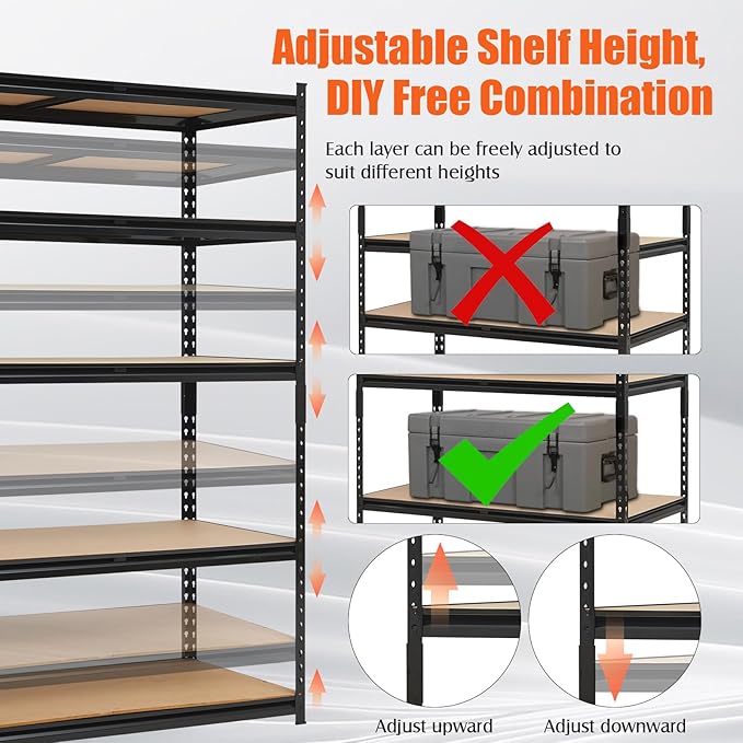 Garvee Garage Storage Shelves,48x24x72 Garage Shelving Heavy Duty Metal Adjustable Garage Shelves,5-Tier Adjustable Shelving Units,Loads 2500 LBS,Metal Storage Utility Racks for Warehouse