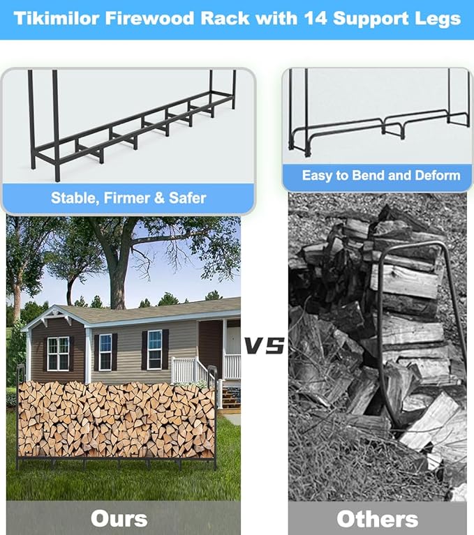 8ft Firewood Rack Holder, Adjustable Heavy Duty Fire Log Stacker Stand for Fireplace, Outdoor Indoor Metal Wood Pile Storage Organizer, Patio Logs Stand tool, Black
