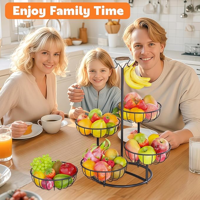 PouHenier.jh 5 Tier Fruit Basket Tower Stand with Banana Hanger for Kitchen Counter, Vegetable Tiered Shelf for Countertop, Tall Standing Produce Holder for Potato, Onion with Stable Base (Black)