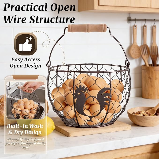 Consevisen Egg Basket for Gathering Fresh Chicken Eggs, 2 Pack, Metal Wire Basket with Wooden Handle, Collecting and Storage Holder for Kitchen Countertop with Vintage Farmhouse Rooster Decor, Round