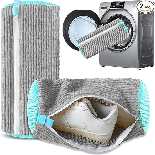 Shoe Washing Machine Bag for Cleaning, 2 360°Protect Sneaker Laundry Bag for Shoes Reusable Durable Fibers Adjustable Washer Bag with Zipper for Tennis Gym Sneakers Shoe Dryer (Grey)