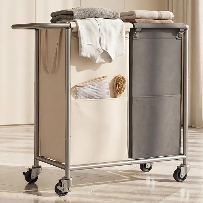 Heybly 2-Section Laundry Sorter Hamper,Rolling Laundry Hamper with Removable Bags – Heavy-Duty Laundry Sorter Cart with Wheels for Dirty Clothes, 29.1 x 15.4 x 33.1 Inches,HLH023P02