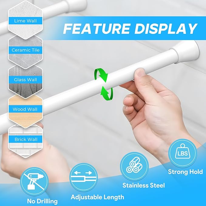 White Tension Rods 16 to 26 2PCS Spring Curtain Rod No Drill Small Tension Rod Tension Curtain Rod Adjustable Curtain Rod Tension for Bookshelf Diy Projects Kitchen,Cupboard,Bathroom,Wardrobe
