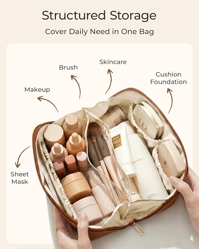 BAGSMART Makeup Bag Travel Cosmetic Bag, Large Make Up Bag Flat Open Toiletry Bag for Women, PU Leather Travel Essentials Organizer Case, Wide-open Pouch Purse for Skincare, Brushes, Yellow