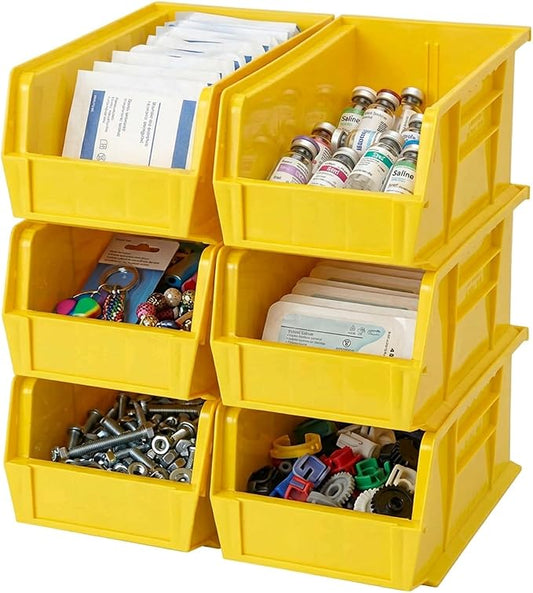 Quantum Storage QUS240 Heavy-Duty Stackable Plastic Storage Bins for Workshop, Warehouse & Garage, Ultra Stack & Hang, 14-3/4" x 8-1/4" x 7", Yellow, 12-Pack