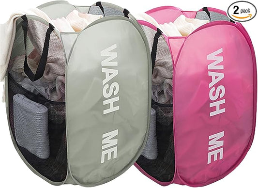 Larpur Pop Up Laundry Baskets, 2 Pack Mesh Laundry Hampers with Handles, Collapsible Clothes Hampers Mesh Basket for Home, Dorm, Travel (Gray + Pink)