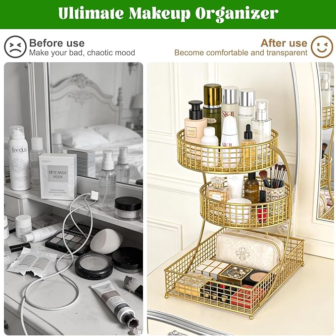 3-Tier Metal Multi-Functional Organizer Basket | Makeup, Skincare, Fruit & Spice Storage Rack | Countertop Vanity, Bathroom & Kitchen Organizer Holder | Stylish Black Wire Shelf (Golden)