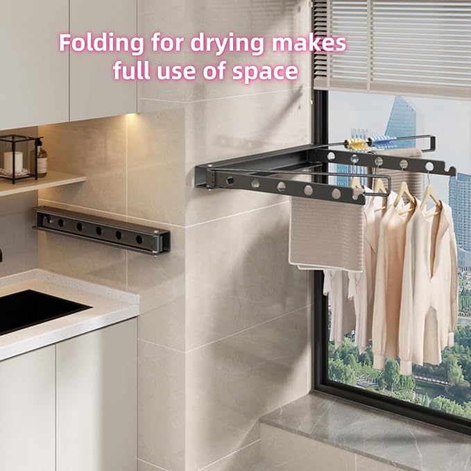 Wall Mounted Drying Rack Aluminium Free Swinging Folding Drying Rack Towel Rack (4 Arms) Space Saving Laundry Drying Rack for Laundry Bathroom Balcony Apartment Dormitory Caravan (Grey)