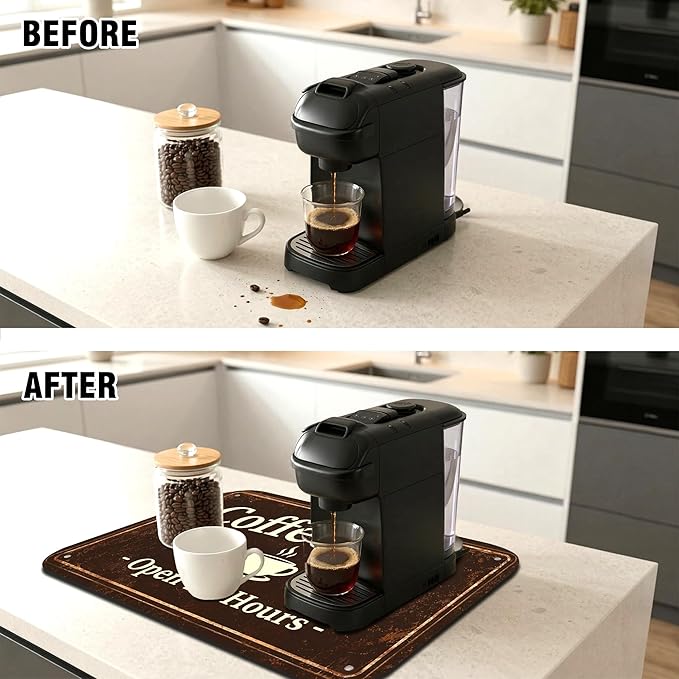 Vintage Coffee Bar Coffee Drying Mat 12" x 19", Absorbent Quick-Dry Mat, Non-Slip Waterproof Countertop Protector for Coffee Station and Espresso Machine