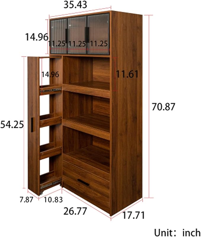 Farmhouse Kitchen Pantry Cabinet, 70.87" Tall Freestanding Cupboard with Multi-Tier Storage Rack and Microwave Stand for Kitchen, Dining Room, Dark Walnut