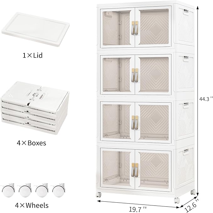 UAMFURI Stackable Storage Bins with Doors & Lids & Wheels, Foldable Collapsible Closet Organizers, Large Storage Cabinet for Bedroom Dorm (4, M)
