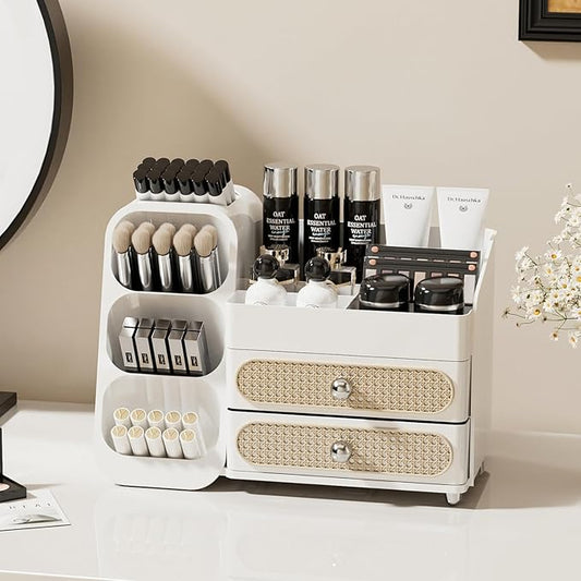 Booklov Makeup Organizer for Vanity, Large Capacity Cosmetic Display Case with Drawers, Countertop Beauty Storage Holder for Skincare, Brush Eyeliner Perfume Eyeshadow Lipsticks, Counter Desk, White
