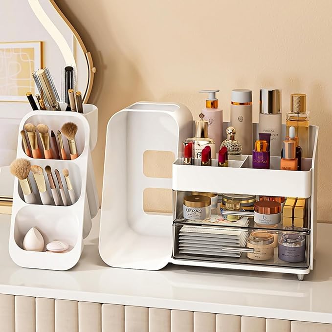 Booklov Makeup Organizer for Vanity, Large Capacity Cosmetic Display Case with Clear Acrylic Drawer, Countertop Beauty Storage Holder for Skincare, Brush Eyeshadow Lipstick Counter Desk, Crystal White