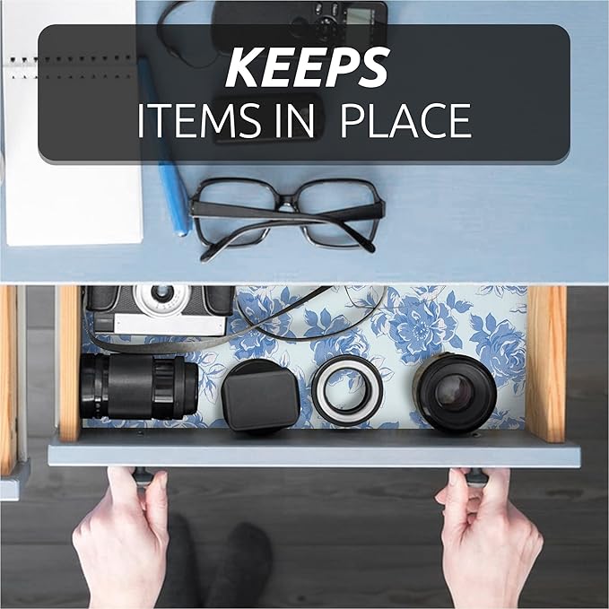 FIFTY FEET 18X96 Inch Shelf Liner for Kitchen Cabinets, PVC Drawer Liner for Dresser Non-Slip Bathroom, Non-Adhesive Cabinet Liner Washable (Blue Flower)(6 Roll)