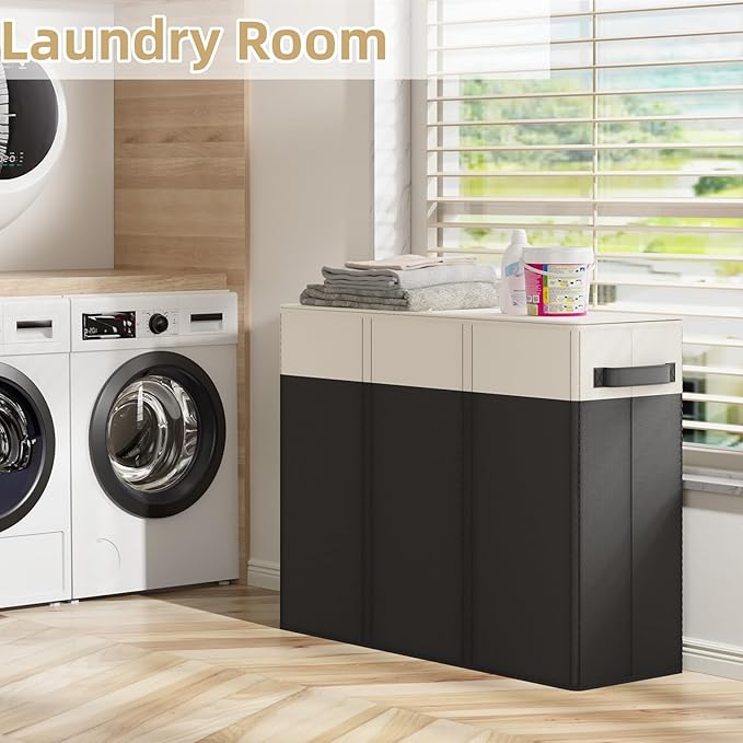 Optish 180L Laundry Hamper 3 Section, Large Laundry Basket with Lid, Laundry Basket Organizer with Handles, Divided Clothes Hampers for Laundry, Bedroom, Bathroom, White & Black