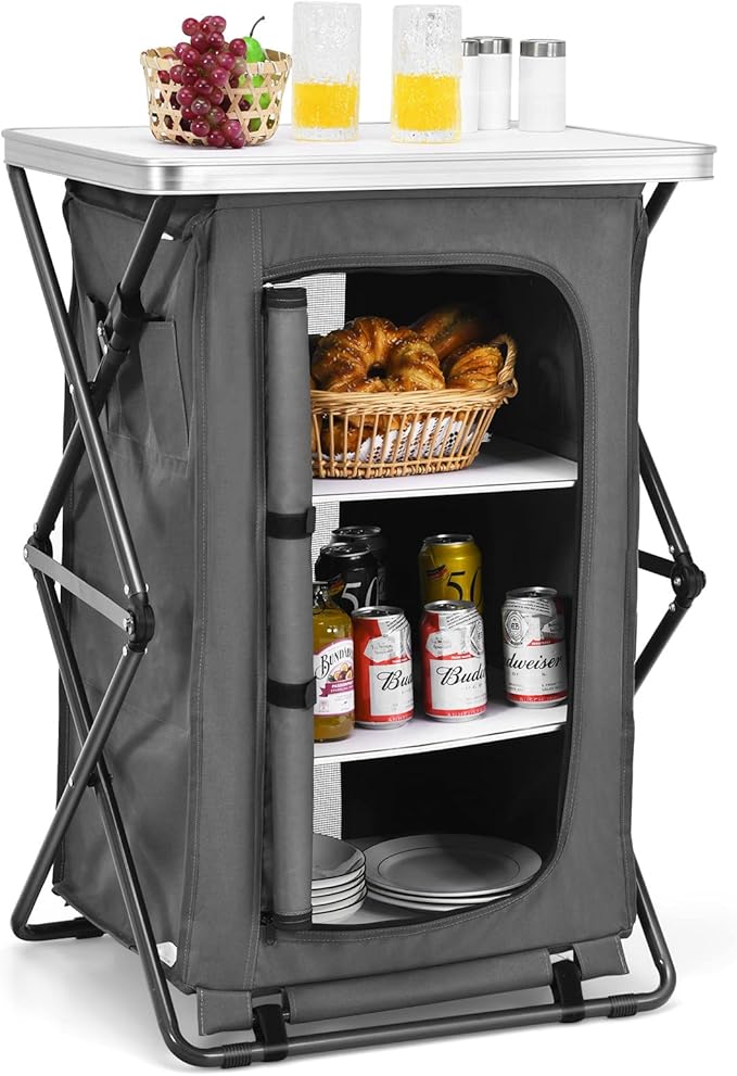 Giantex Folding Camping Storage Cabinet with 3 Shelves and Carry Bag, Portable Outdoor Organizer Kitchen Table, Quick Set-up for BBQ, Picnic, Backyard, Compact Pop-Up Cupboard, 35''H