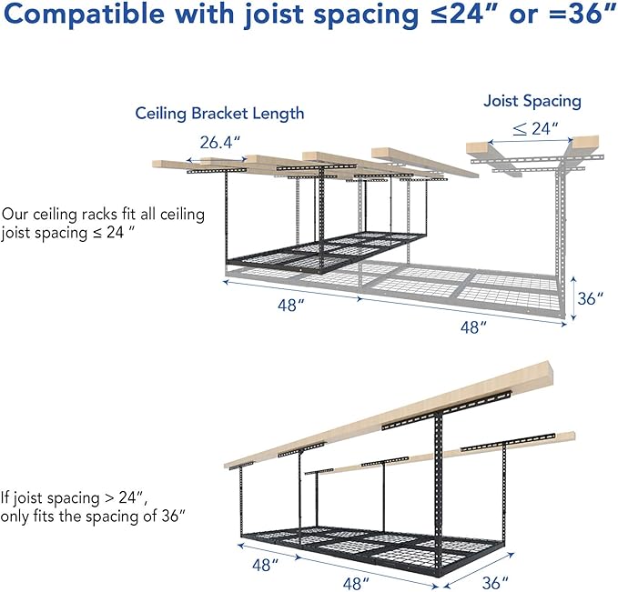 FLEXIMOUNTS 3x8 Overhead Garage Ceiling Storage Rack, Adjustable Garage Organization System, Heavy Duty Metal, 750lbs Weight Capacity, Hammertone, Classic Series
