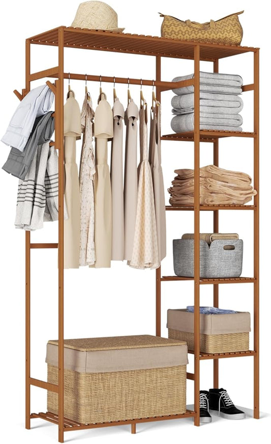 Athena Collection 35" Bamboo Garment Rack Multi Tier Clothes Rack Storage Shelves with Side Hooks & Pants Rack, Heavy Duty Clothing Hanging Rack Freestanding Indoor Wardrobe Closet Organizer, Brown