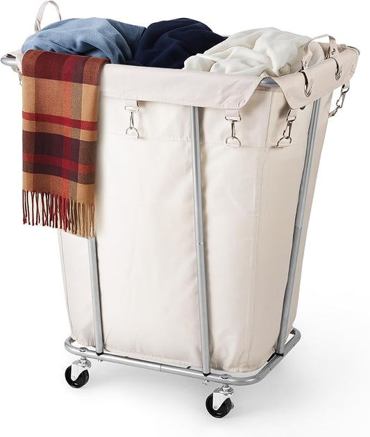 PLKOW Laundry Basket with Wheels 120L Heavy-Duty Laundry Cart with Removable Waterproof Bag, Metal Frame Clothes Basket with Lockable Casters for Home, Laundry Room, Hotel, Beige