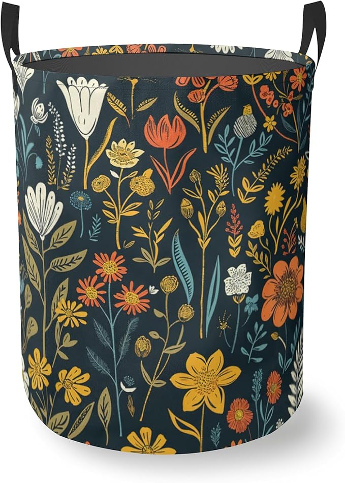Wildflowers Laundry Basket With Handles Tote Bag Oxford Cloth Funny Laundry Hamper Clothes Storage Bucket Toy Organizer 16" X 20.8"For Bathroom/Laundry/Bedroom