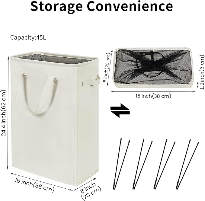 Zero Jet Long Laundry Basket with Handles Slim Foldable 45L Beige