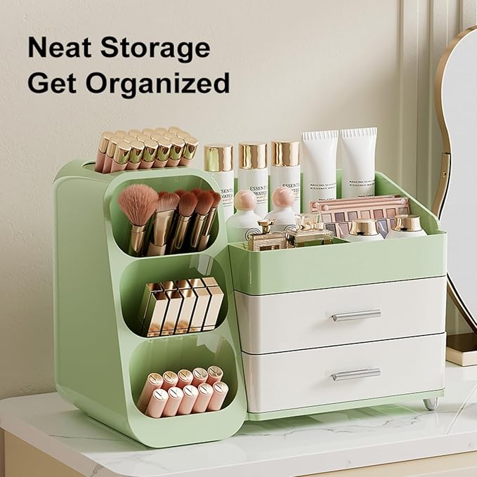 Booklov Makeup Organizer for Vanity, Large Capacity Cosmetic Display Case with Drawers, Countertop Beauty Storage Holder for Skincare, Brush Eyeliner Eyeshadow Lipsticks, Counter Desk, Cream Green