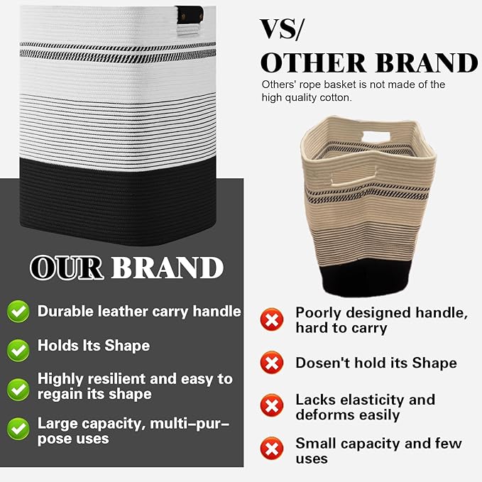 Laundry Hamper, 95L Tall Laundry Basket with Leather Handles, Rectangle Large Clothes Hamper for Organizing, Cotton Woven Laundry Baskets Storage Hampers for Bedroom, Nursery, Living Room