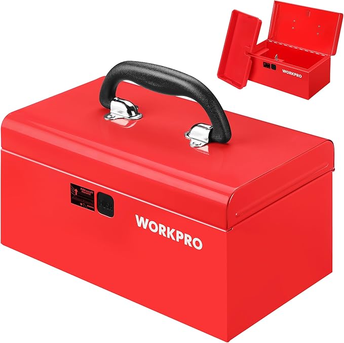 WORKPRO 10.8" Portable Mini Metal Tool Box with Removable Color-Matching Tray, One-Button Latch Toolbox, Steel Tool Chest with PP Handle, Compact Storage Organizer for Home, Office or Workshop