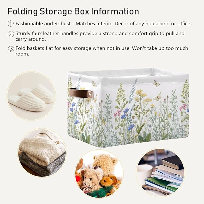 xigua Vintage Colorful Herbs Wild Flowers Floral Storage Basket Collapsible Toy Storage Bins Waterproof Canvas Storage Basket with Leather Handles for Home Closets Offices,Bedrooms,Kids Toy and Gift