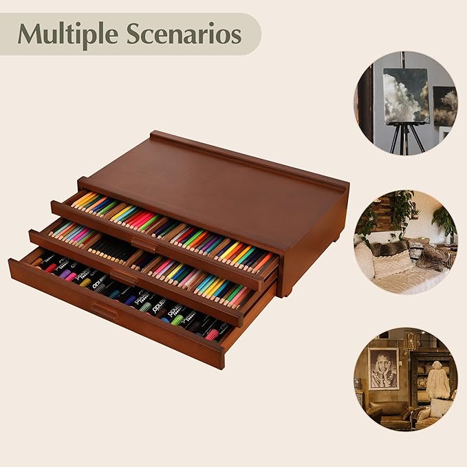 VISWIN Upgraded 3-Drawer Wood Artist Supply Storage Box with Removable Dividers, Premium Beech Wood Art Storage Box, Portable Organizer Box for Paints, Pastels, Pencils, Brushes and Art Supplies