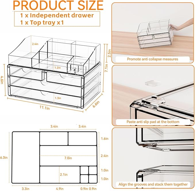 Yieach Acrylic Make up Organizers for Counter,Desk and Vanity,2 Pack Stackable Bathroom Counter Organizer with Drawers,Large Clear Makeup Organizers and Storage for Skincare,Cosmetic,Beauty Products