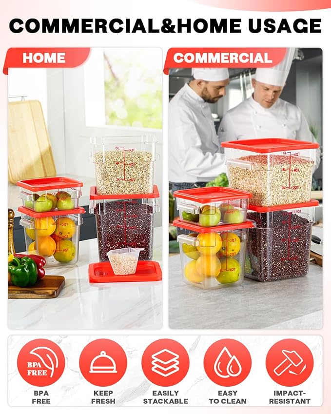8QT NSF Food Storage Containers: 8 PCS [Food Grade][Hot&Cold Resistant] Commercial Clear Square Food Storage Containers with Scales Handles for Home Restaurant Kitchen Proof Dough (Red)