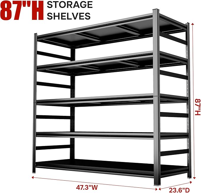 48''W/87''H Storage Shelves Heavy Duty Adjustable Metal Garage Shelving Unit Rack Metal Storage Shelf Heavy Duty Shelf for Heavy Tools and Equipment, Ideal for Garage, Basement, Black