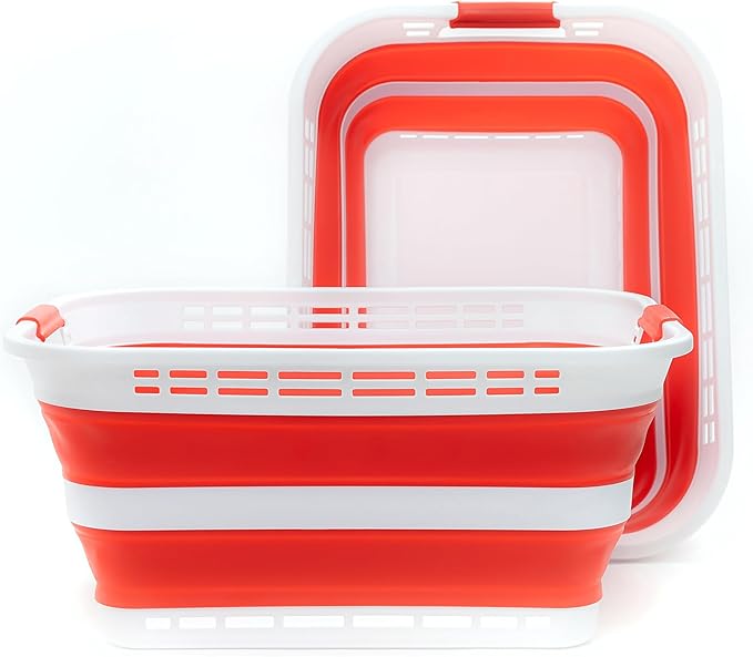 SAMMART 42L (11 gallons) Collapsible Plastic Laundry Basket - Portable Pop Up Storage Container/Organizer - Portable Hamper - Space Saving Easy Storage (White/Viva Magenta [BPA Free] (Set of 2))