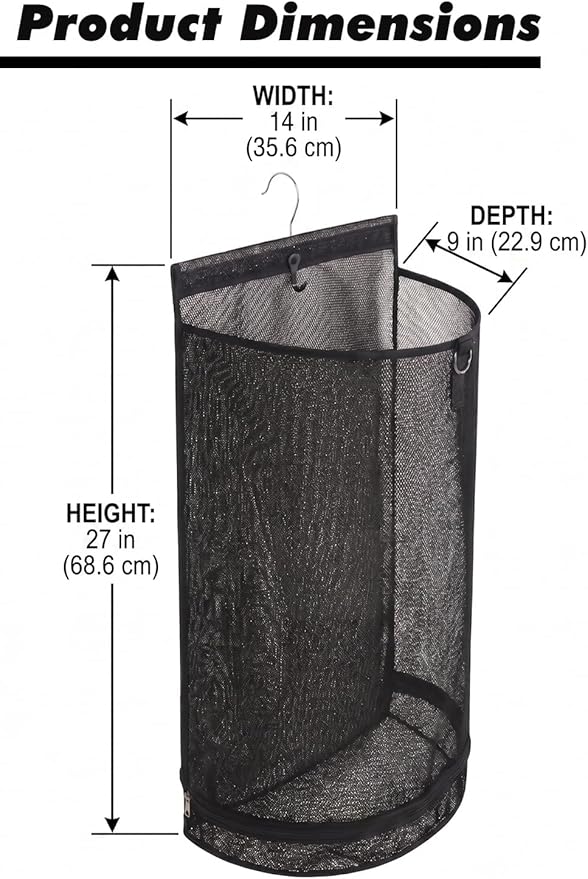 ALYER Hanging Semi Round Storage Mesh Bag,Collapsible Laundry Hamper Basket with Durable Hanger (Black)