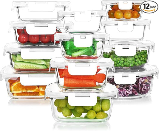 KOMUEE 24 Pieces Glass Food Storage Containers Set,Glass Meal Prep Containers-Stackable Airtight Glass Storage Containers with lids,Freezer, Microwave, Oven Safe,White