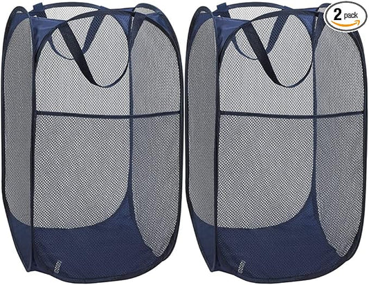 BATTOO Deluxe Strong Mesh Pop up Laundry Hamper Basket with Side Pocket Foldable Hamper for Laundry Room, Bathroom, Kids Room, College Dorm or Travel Navy + Navy