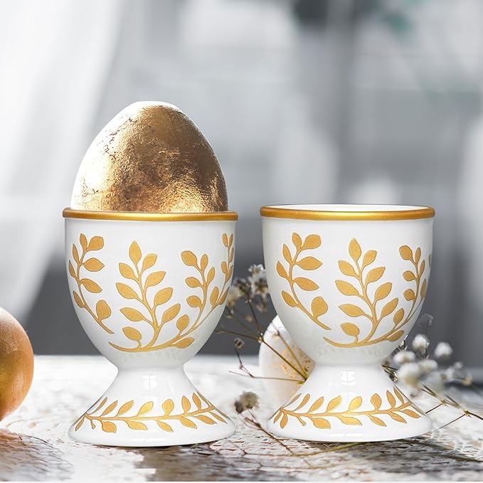 Cinf Ceramic Egg Cup Set of 2 Champagne Gold Porcelain Holder Breakfast Boiled Cooking Easy to Clean Childhood Memories Kitchen