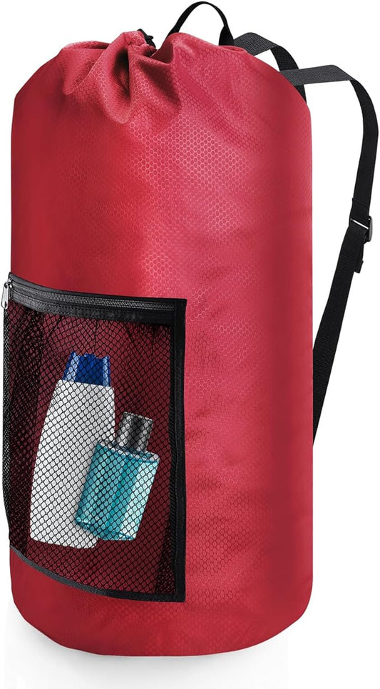 Olosar Laundry Bag Backpack, Extra Large Travel Laundry Bag with Mesh Pocket & Adjustable Shoulder Straps,Dirty Clothes Travel Bag for College Students Dorm,Apartment（Red）