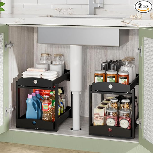 Bamboo Wood Under Sink Organizer 1 Pack, Pull Out Cabinet Organizer 2 Tier Under Sink Organizers and Storage with Sliding Drawer Sturdy Easy Assembly for Kitchen Bathroom Undersink (Black, 2 Packs)