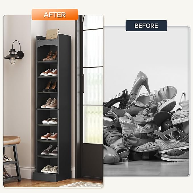 YATINEY 9-Tier Tall Shoe Rack, Wooden Shoe Storage Organizer, Narrow Shoe Cabinet with Removable Shelves for Small Spaces, Holds 9 Pairs of Shoes, for Entrance, Hallway, Black SS02BK