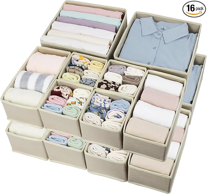 Fordonral 16 Pack Drawer Organizer Clothes, Foldable Fabric Dresser Organizer Closet Organizers and Storage Box for Underwear,Folded Clothes,Baby Clothing,Socks,Bra,Towels,Ties(Beige)