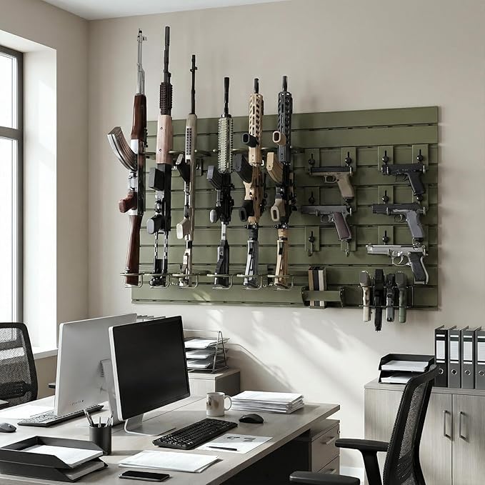 Wall Rack System - Aluminium Heavy-Duty Tactical Storage for Rifles, Carbines, Shotguns & Handguns, Modular Slatwall Organizer Holds up to 6 Rifles, 10 Pistols & 4 Mags