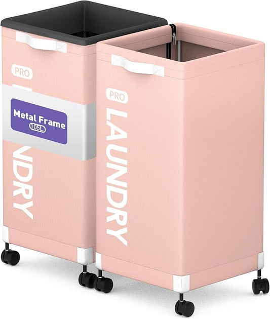 Caroeas Next-Gen 105L Matel Frame Laundry Basket with wheels, Heavy Duty Tall Rolling Laundry Hamper with Removable Wash Bag, Collapsible Freestanding Clothes Hamper For Laundry Room (105L,Pink,2Pack)