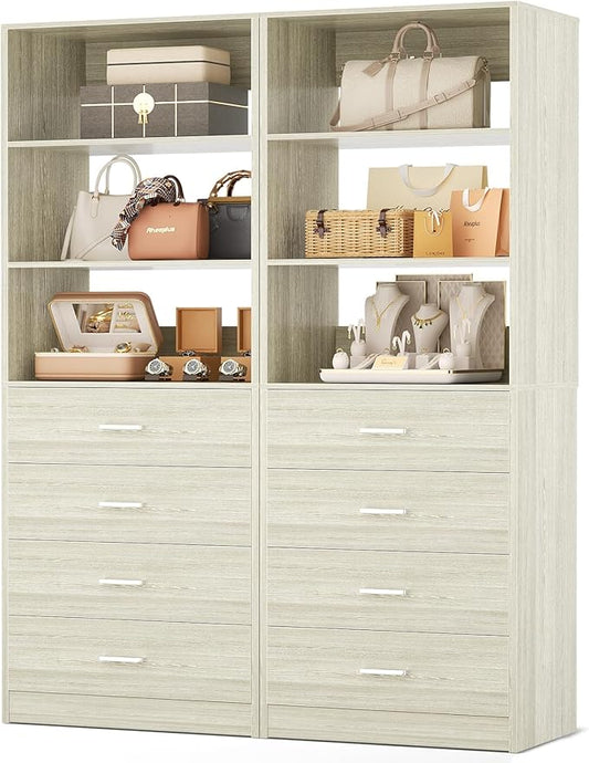 Aheaplus Closet Drawers Organizer System, 3.54FT Wood Closet System with 4 Drawers, Modular Walk-in Closets Storage Unit, Tall Bookshelf Storage Cabinet, White Oak (2 Packs)